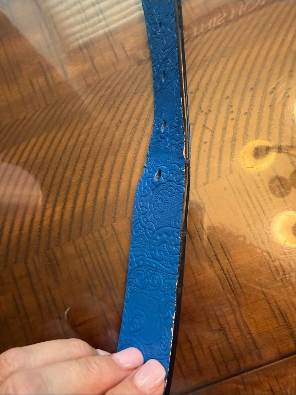 Robert Graham men’s Embossed Black Leather Belt with Bright Blue Lining